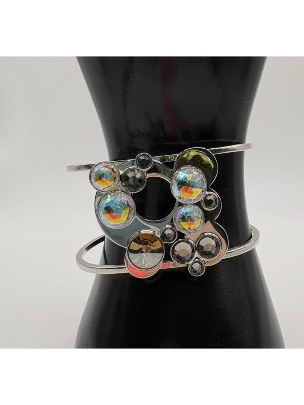 Swarovski Silver Tone Modernist Abstract Wife Cuff Bracelet Crystal Multicolored